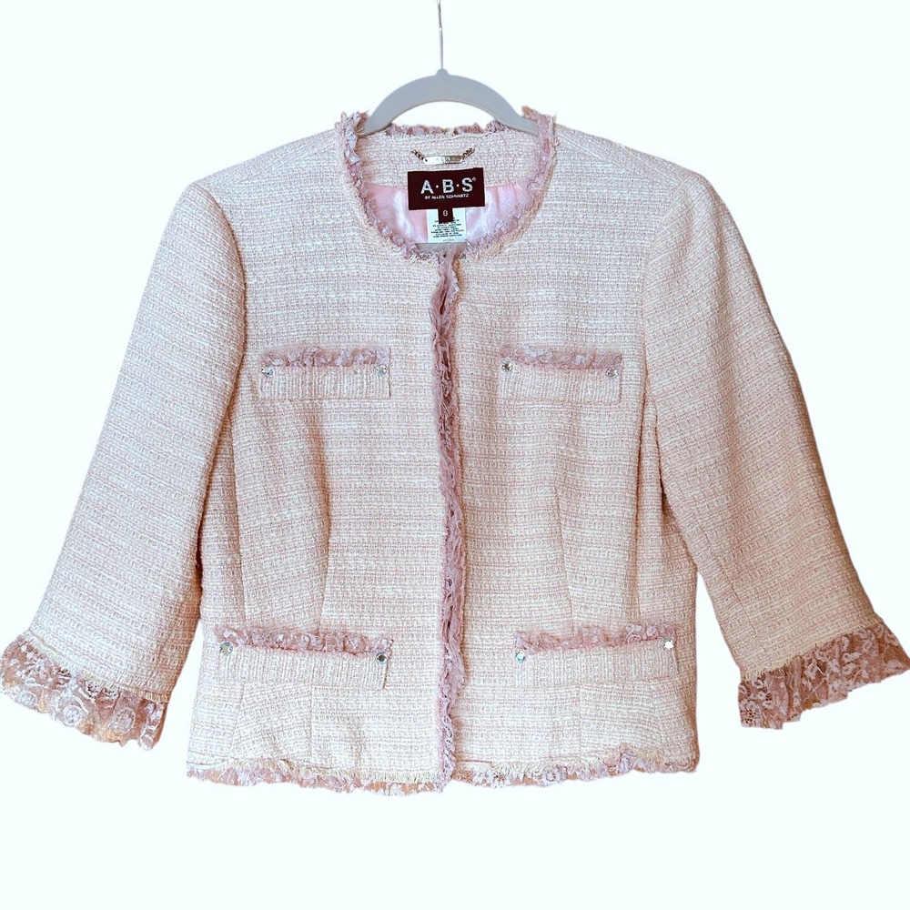 ABS Allen Schwartz Pink‎ Tweed Blazer Jacket Coquette Metallic Shimmer Size 8